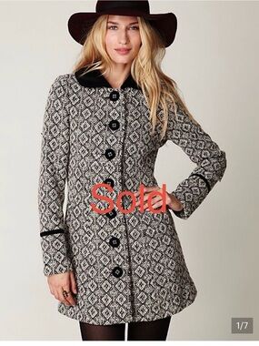 Free People Black and White Patterned Pea Coat with Velvet Collar